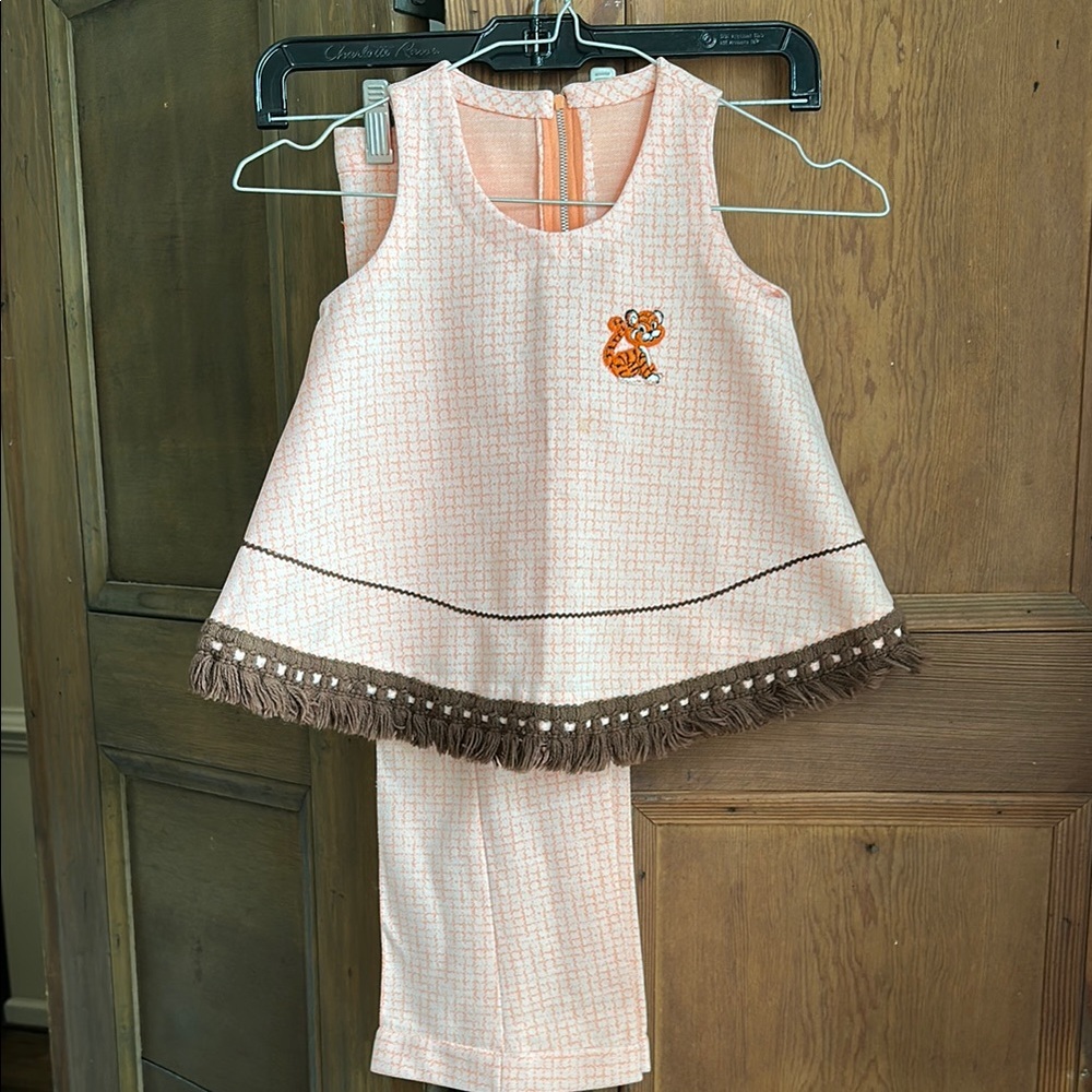 Vintage Kids Peach Sleeveless Top and Pants Set with Fringe